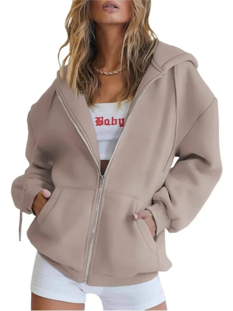 Autumn Winter Zipper Cardigan Hooded Sweatshirt Women Sporty Style Splice Double Pocket Hoodie Female Casual Warm Top Sportswear