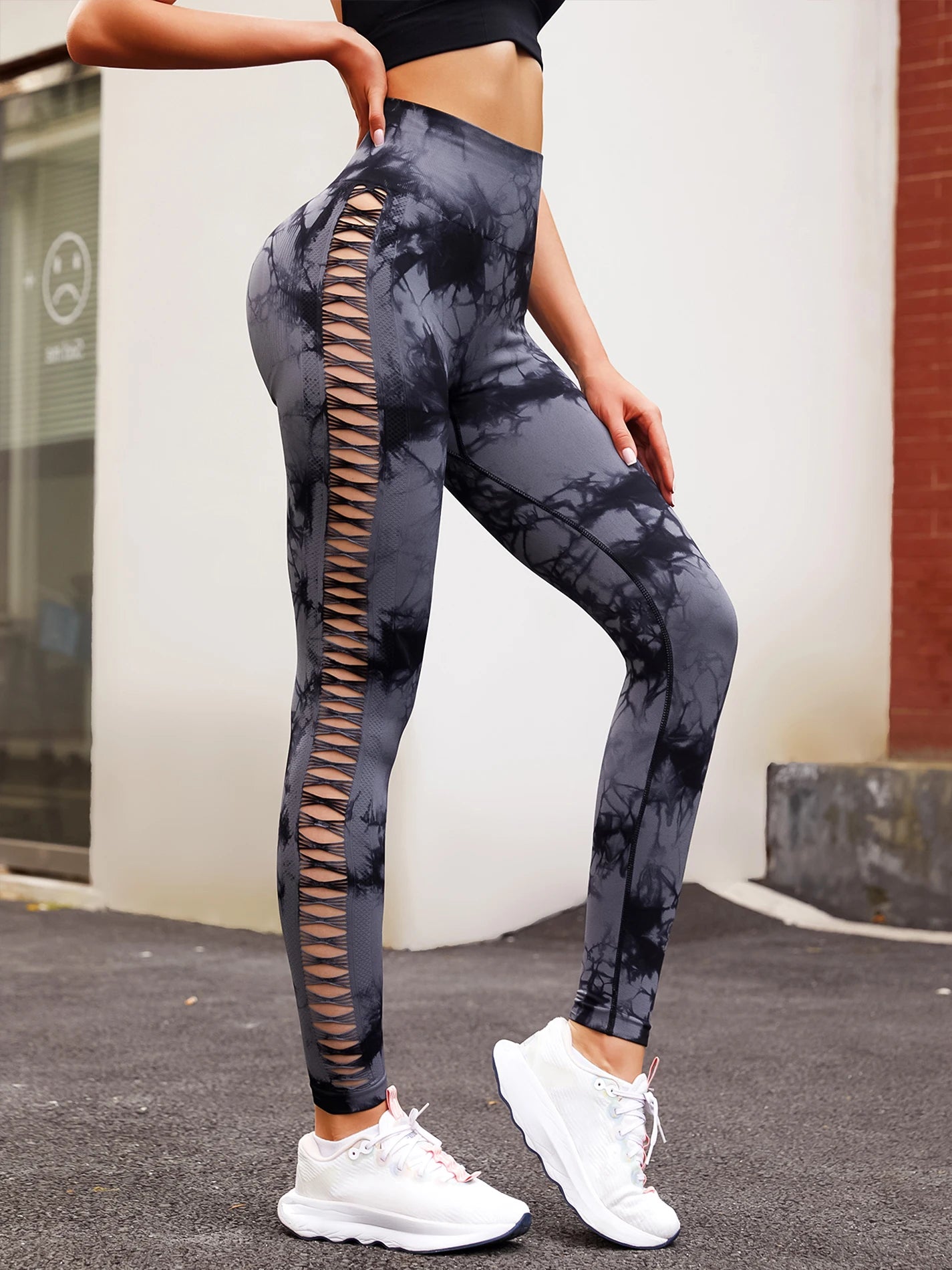Tie Dye Seamless Leggings Women High Waist Yoga Leggings Scrunch Butt Lifting Peach Hip Compression Yoga Pants Side Mesh Design
