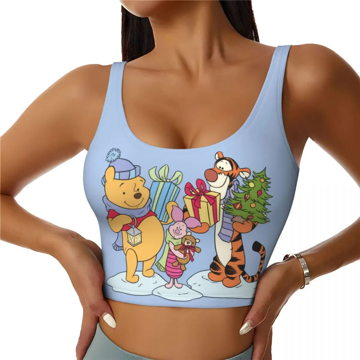 Custom High Impact Pooh And Piglet Happy Sort Of Day! Sports Bra for Women Gym Workout Yoga Crop Top