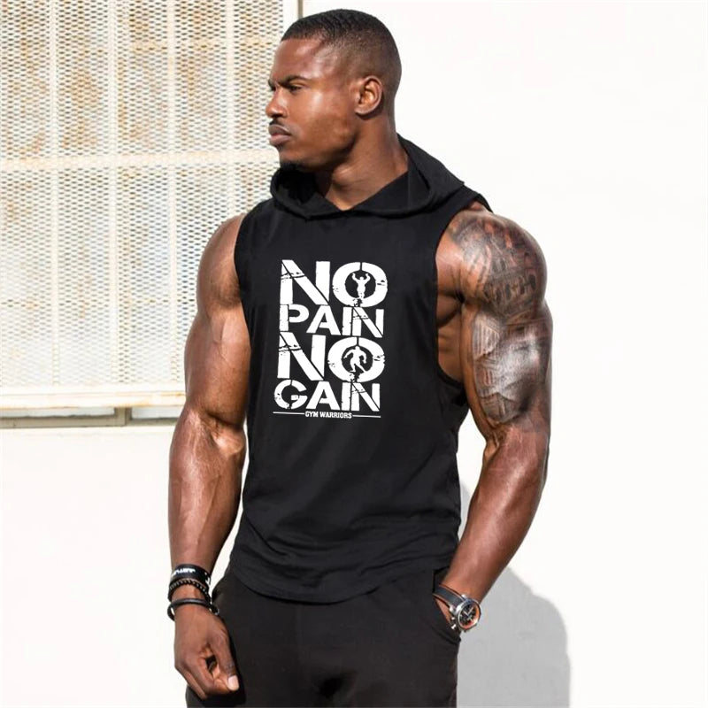 Mens Bodybuilding "no pain, no gain" Sleeveless Hooded Shirts Summer Breathable Loose Cotton Hip Hop Tank Tops Gym Workout Fitness Muscle Hoodie