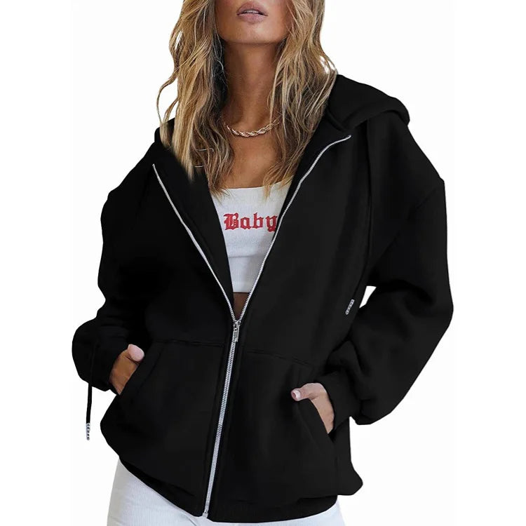 Autumn Winter Zipper Cardigan Hooded Sweatshirt Women Sporty Style Splice Double Pocket Hoodie Female Casual Warm Top Sportswear