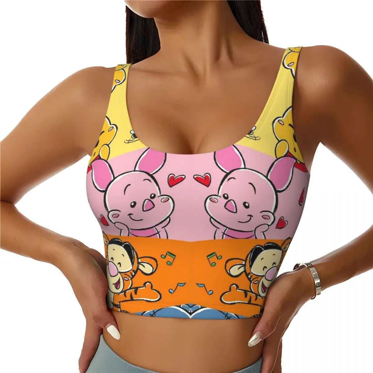 Custom High Impact Pooh And Piglet Happy Sort Of Day! Sports Bra for Women Gym Workout Yoga Crop Top