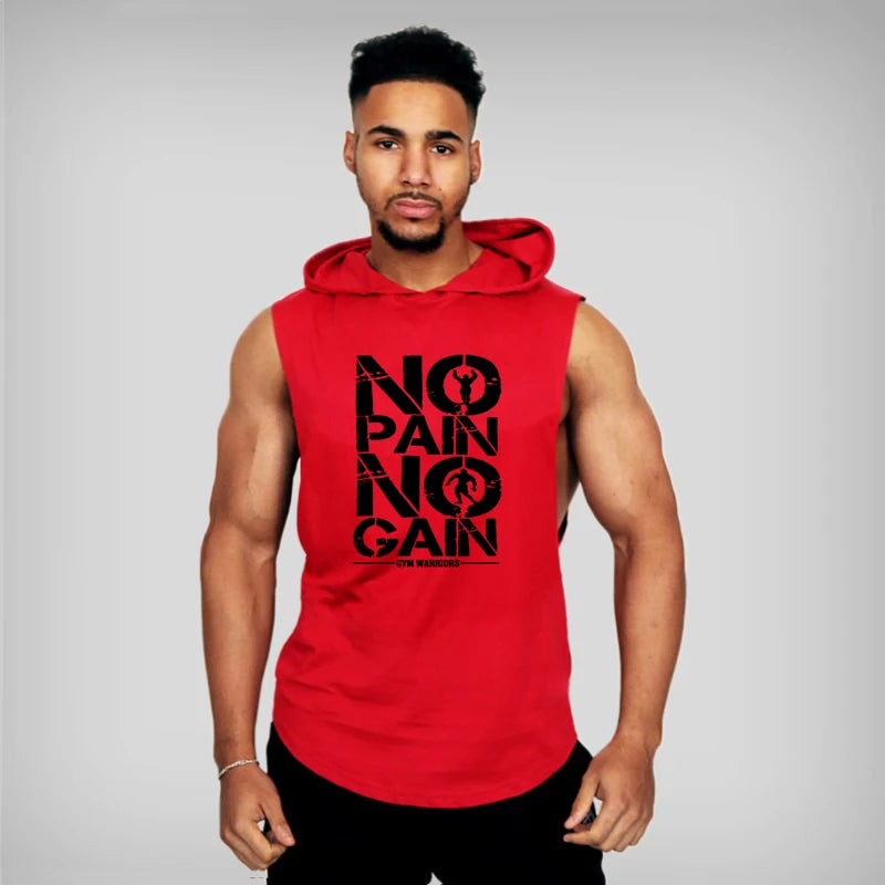 Mens Bodybuilding "no pain, no gain" Sleeveless Hooded Shirts Summer Breathable Loose Cotton Hip Hop Tank Tops Gym Workout Fitness Muscle Hoodie