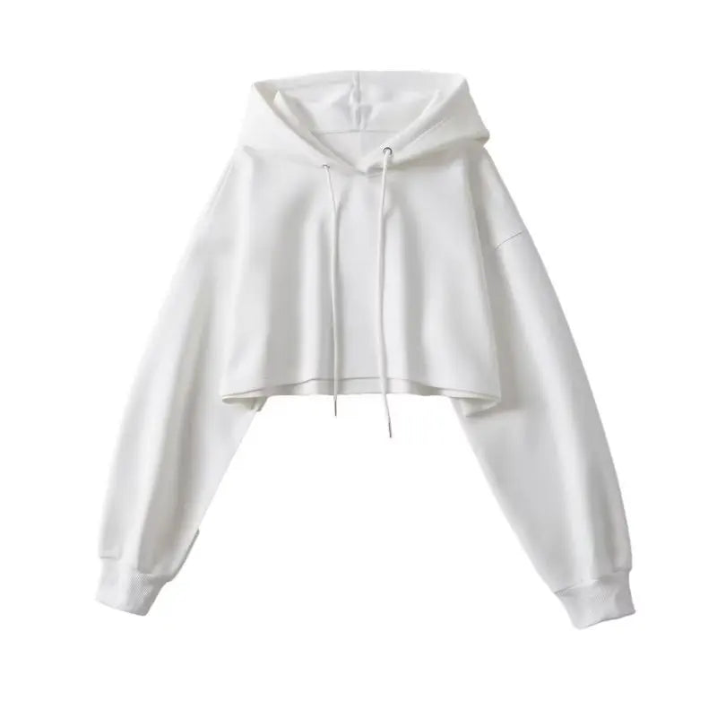 Short Hooded Sweatshirts Women Fashion Solid Color Long Sleeve Crop Tops Korean Streetwear Pullover Hoodies Female