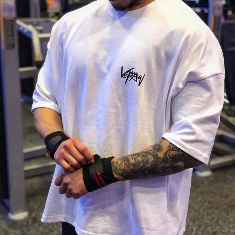 Round Collar sports T Shirt Oversize Cotton Summer Tee Training running shirt Man Streetwear Half Sleeve men T-shirt