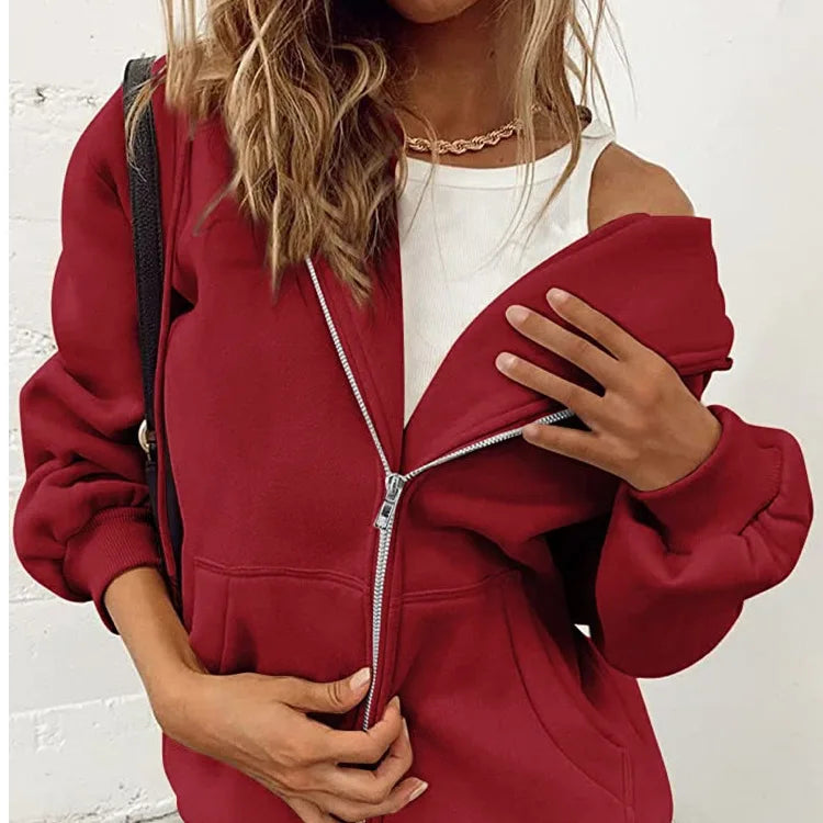 Autumn Winter Zipper Cardigan Hooded Sweatshirt Women Sporty Style Splice Double Pocket Hoodie Female Casual Warm Top Sportswear