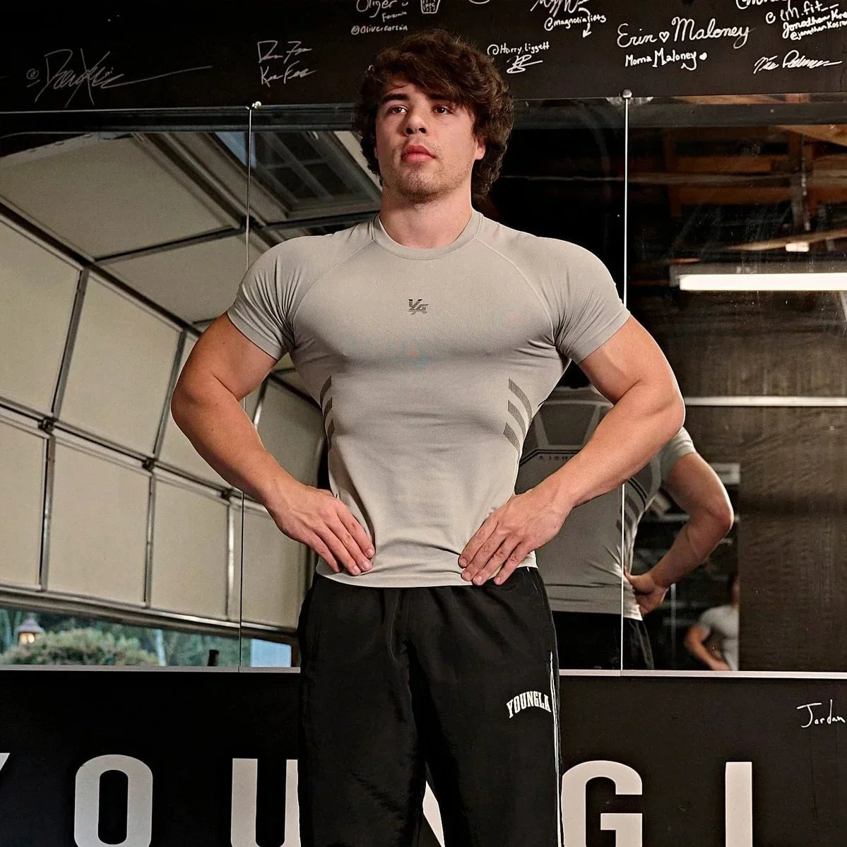 YOUNGLA American men's T-shirt new gym sports bodybuilding quick drying breathable elastic crewneck top