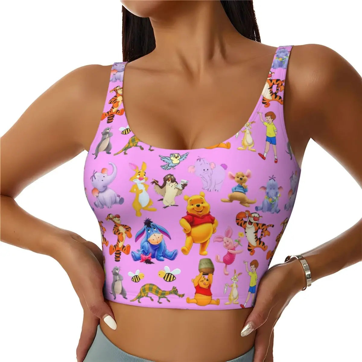 Custom High Impact Pooh And Piglet Happy Sort Of Day! Sports Bra for Women Gym Workout Yoga Crop Top