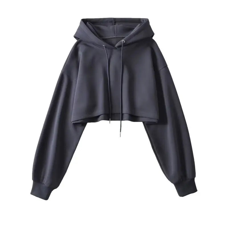 Short Hooded Sweatshirts Women Fashion Solid Color Long Sleeve Crop Tops Korean Streetwear Pullover Hoodies Female