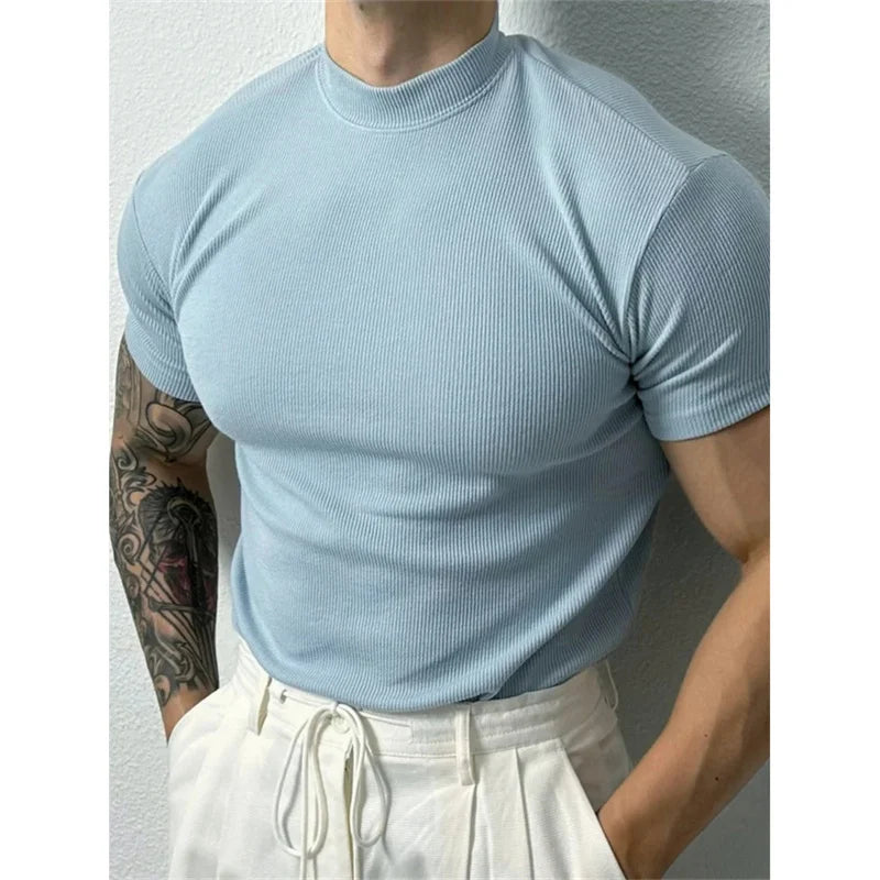 spring summer Elastic Men's T-shirt Small high collar stripe shirt short sleeve fitness top leisure sport T-shirt Men sportswear