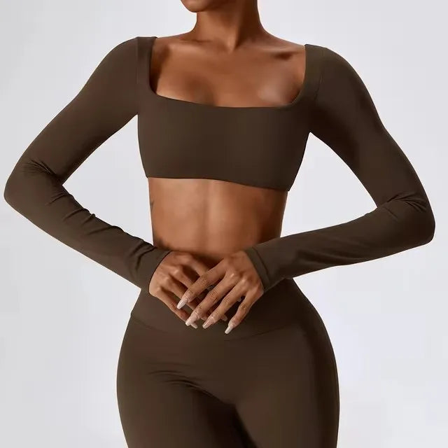 Gym Sport Wear Women Crop Tops Yoga T-shirts Solid Sports Top Long Sleeve Running Shirts Sexy Exposed Navel Quick Dry Fitness