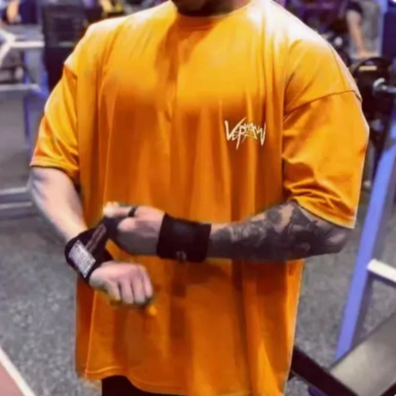 Round Collar sports T Shirt Oversize Cotton Summer Tee Training running shirt Man Streetwear Half Sleeve men T-shirt