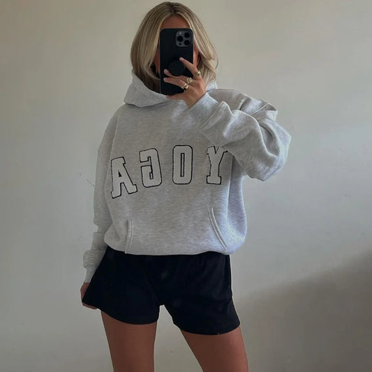 2025 New Fashion Casual Gray Embroidered YOGA Letters Solid Color Printing Versatile Loose Sports Hooded Sweatshirt For Women