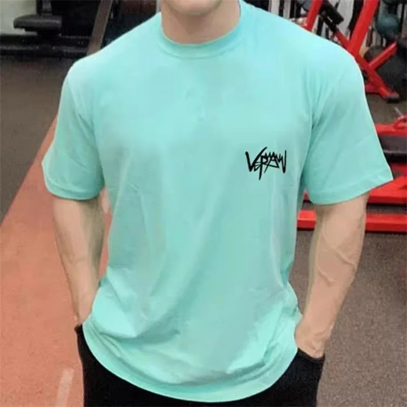 Round Collar sports T Shirt Oversize Cotton Summer Tee Training running shirt Man Streetwear Half Sleeve men T-shirt