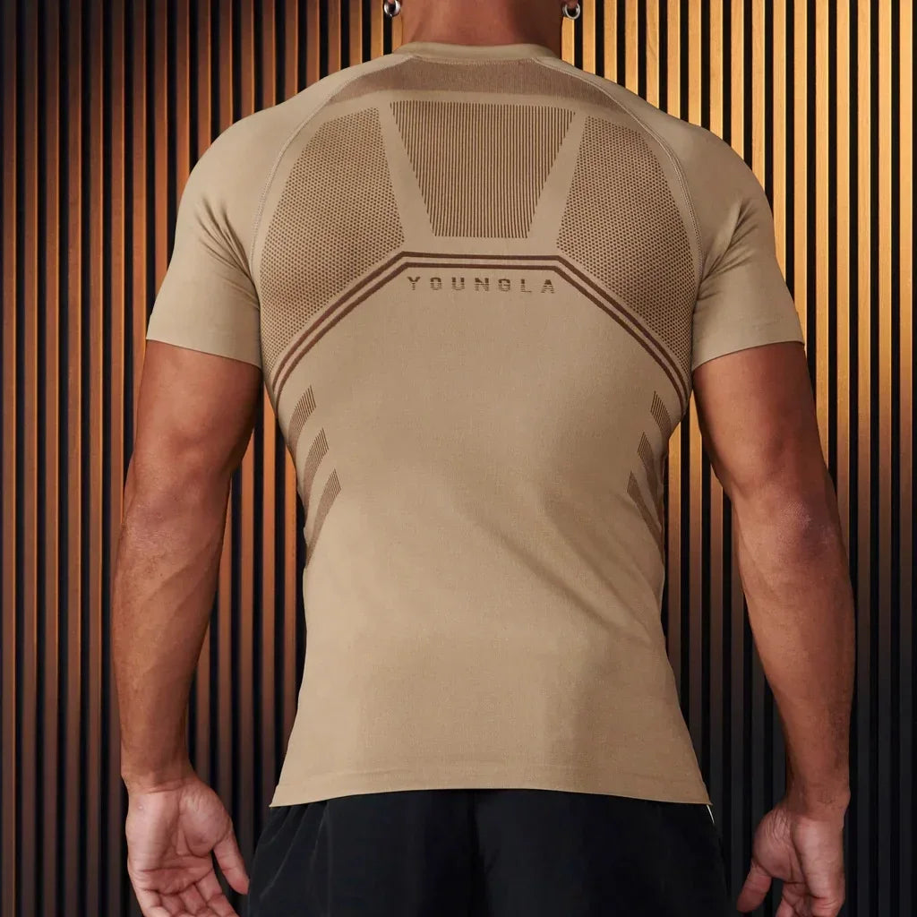 YOUNGLA American men's T-shirt new gym sports bodybuilding quick drying breathable elastic crewneck top