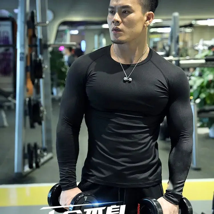 Spring and Summer New Fitness Long-sleeved Men's Quick-drying Milk Silk Body Shaping Sports Training Thin Solid Color M-3XL