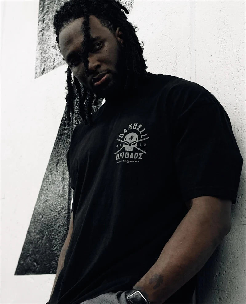 BARBELL BRIGADE Gym Fitness T-shirt Loose Oversize Cotton Men Short Sleeves Bodybuilding Sports Tee Summer Training Workout Tops