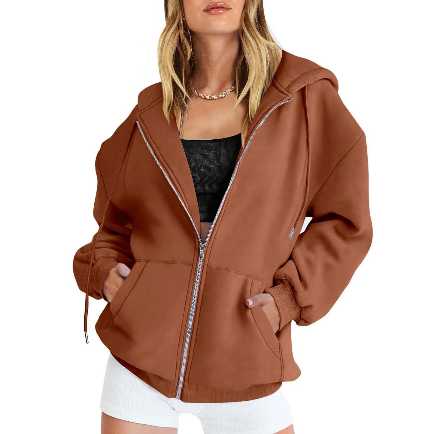 Autumn Winter Zipper Cardigan Hooded Sweatshirt Women Sporty Style Splice Double Pocket Hoodie Female Casual Warm Top Sportswear