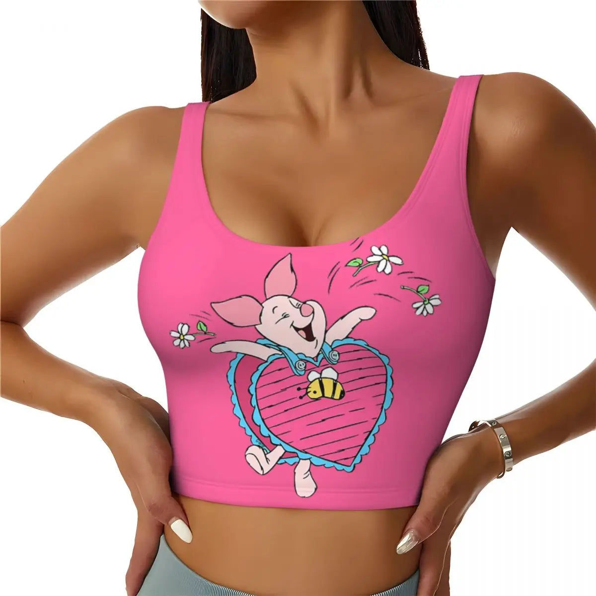 Custom High Impact Pooh And Piglet Happy Sort Of Day! Sports Bra for Women Gym Workout Yoga Crop Top