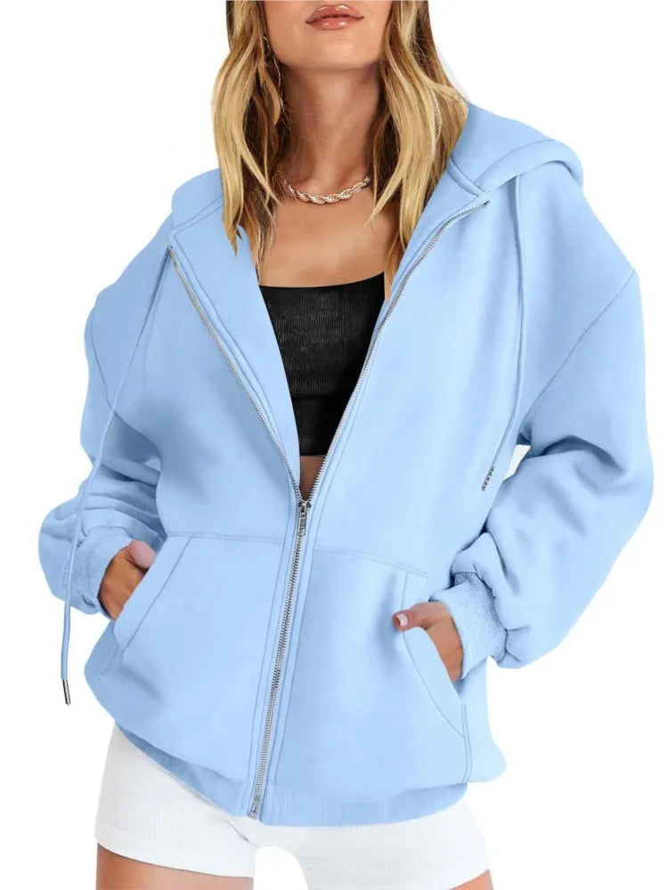 Autumn Winter Zipper Cardigan Hooded Sweatshirt Women Sporty Style Splice Double Pocket Hoodie Female Casual Warm Top Sportswear