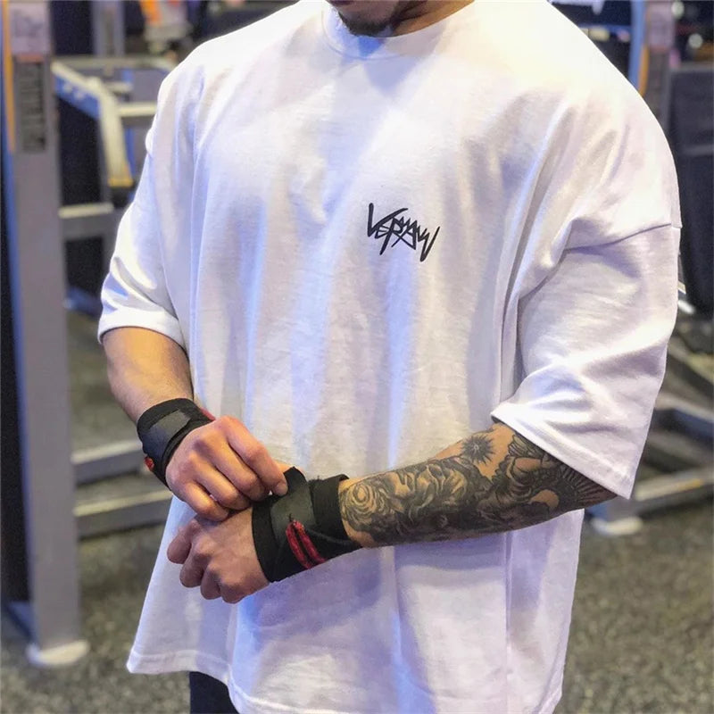 Round Collar sports T Shirt Oversize Cotton Summer Tee Training running shirt Man Streetwear Half Sleeve men T-shirt