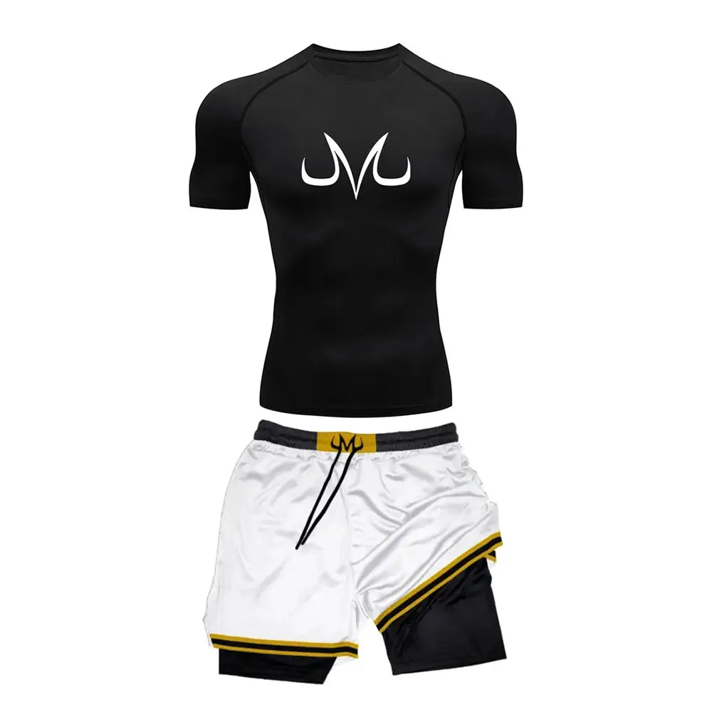 Men's Running Tracksuit Anime Print Training Fitness Sportswear Set Compression Leggings Sport Gym Performance Shorts Rash Guard