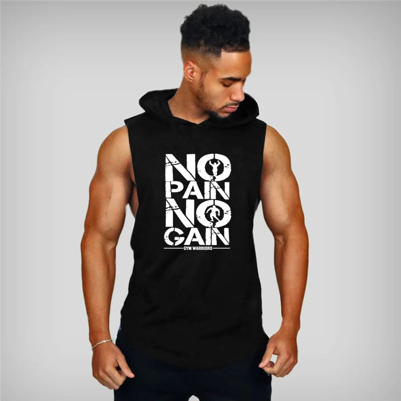 Mens Bodybuilding "no pain, no gain" Sleeveless Hooded Shirts Summer Breathable Loose Cotton Hip Hop Tank Tops Gym Workout Fitness Muscle Hoodie