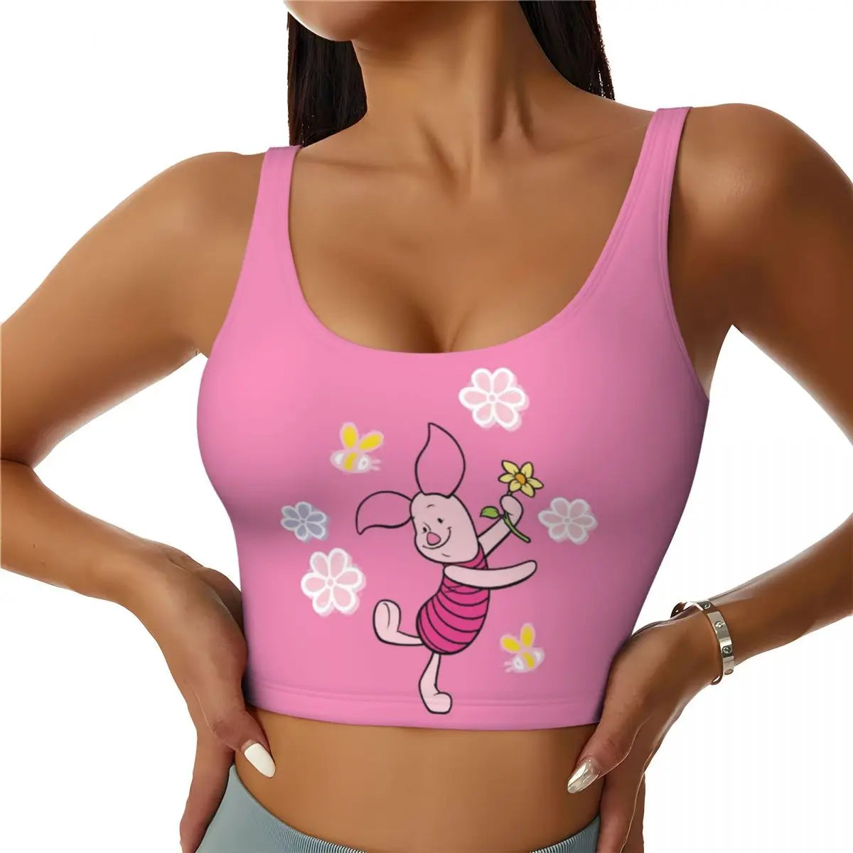 Custom High Impact Pooh And Piglet Happy Sort Of Day! Sports Bra for Women Gym Workout Yoga Crop Top