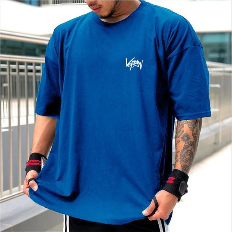 Round Collar sports T Shirt Oversize Cotton Summer Tee Training running shirt Man Streetwear Half Sleeve men T-shirt