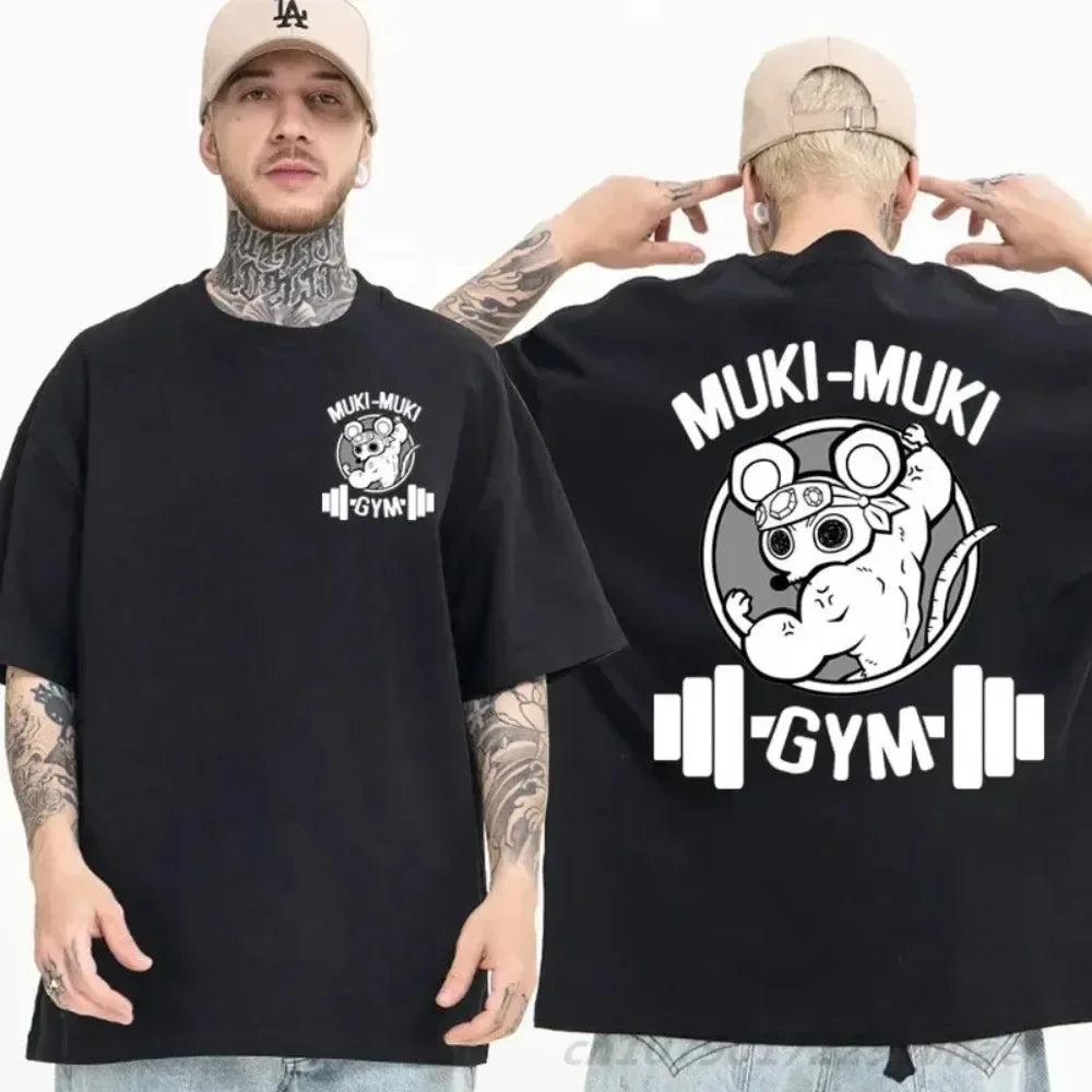 Men's T-Shirt Muki- Muki Mice Gym Printed T-shirt Cotton Sports Leisure Short Sleeve Fitness Workout Shirt Oversized Tee Shirt Men Clothes