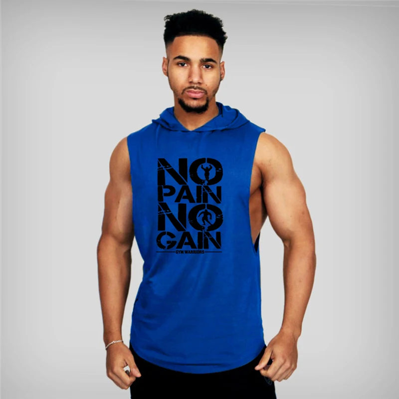 Mens Bodybuilding "no pain, no gain" Sleeveless Hooded Shirts Summer Breathable Loose Cotton Hip Hop Tank Tops Gym Workout Fitness Muscle Hoodie