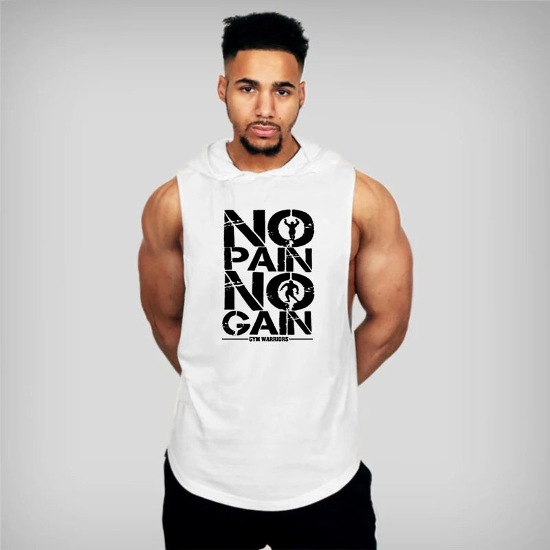 Mens Bodybuilding "no pain, no gain" Sleeveless Hooded Shirts Summer Breathable Loose Cotton Hip Hop Tank Tops Gym Workout Fitness Muscle Hoodie