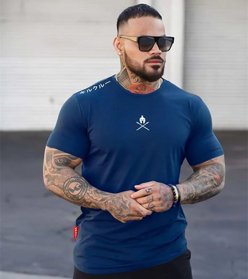 Men T Shirts Fashion Summer Bodybuilding Printed Tshirt Men GYM Fitness Workout  O-Neck Show Muscle
