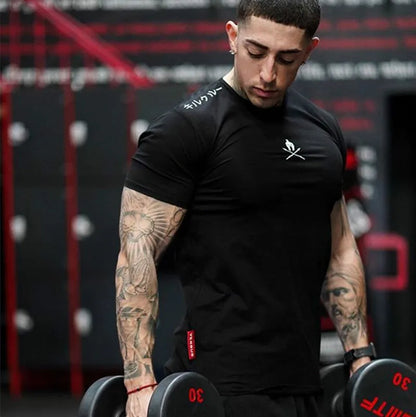 Men T Shirts Fashion Summer Bodybuilding Printed Tshirt Men GYM Fitness Workout  O-Neck Show Muscle