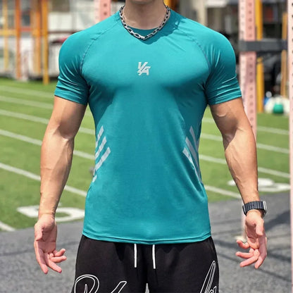 YOUNGLA American men's T-shirt new gym sports bodybuilding quick drying breathable elastic crewneck top