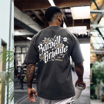 BARBELL BRIGADE Gym Fitness T-shirt Loose Oversize Cotton Men Short Sleeves Bodybuilding Sports Tee Summer Training Workout Tops