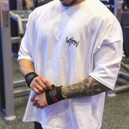 Summer New Fitness Sports T Shirt Oversized Cotton Tshirt Training Running Gym Man Tees Crew Neck