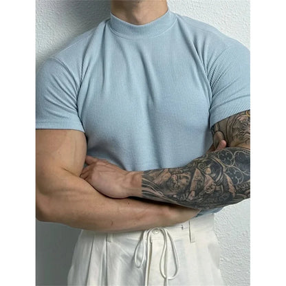 spring summer Elastic Men's T-shirt Small high collar stripe shirt short sleeve fitness top leisure sport T-shirt Men sportswear