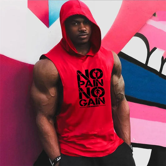 Mens Bodybuilding "no pain, no gain" Sleeveless Hooded Shirts Summer Breathable Loose Cotton Hip Hop Tank Tops Gym Workout Fitness Muscle Hoodie
