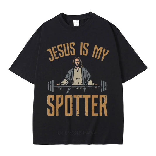 Jesus Is My Spotter Christ Gym T Shirt Men's Vintage T Shirts Cotton O-Neck Oversized T-shirts Streetwear