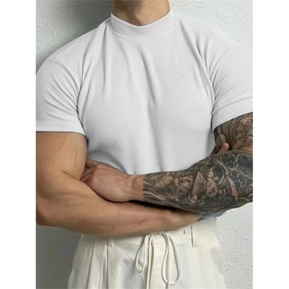 spring summer Elastic Men's T-shirt Small high collar stripe shirt short sleeve fitness top leisure sport T-shirt Men sportswear