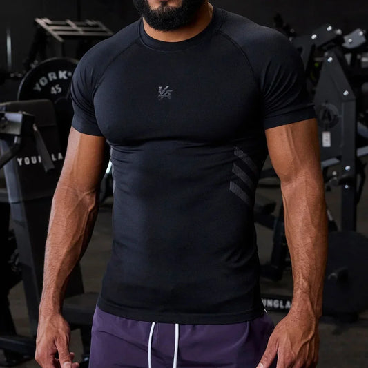 YOUNGLA American men's T-shirt new gym sports bodybuilding quick drying breathable elastic crewneck top