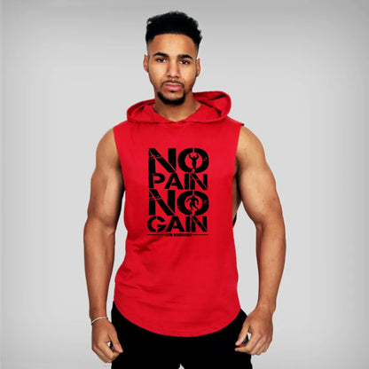Mens Bodybuilding "no pain, no gain" Sleeveless Hooded Shirts Summer Breathable Loose Cotton Hip Hop Tank Tops Gym Workout Fitness Muscle Hoodie