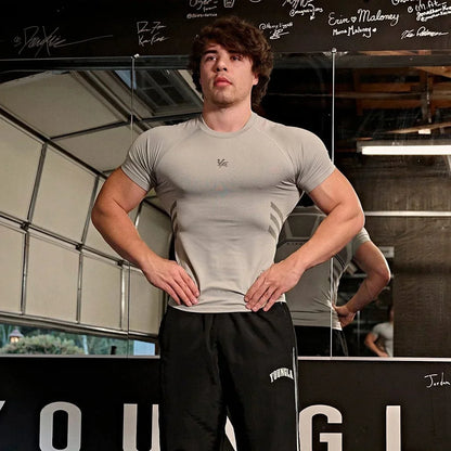 YOUNGLA American men's T-shirt new gym sports bodybuilding quick drying breathable elastic crewneck top
