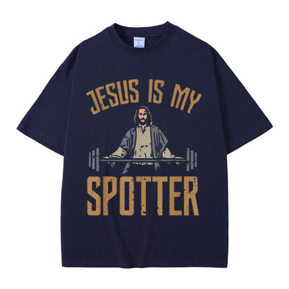 Jesus Is My Spotter Christ Gym T Shirt Men's Vintage T Shirts Cotton O-Neck Oversized T-shirts Streetwear