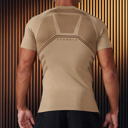 YOUNGLA American men's T-shirt new gym sports bodybuilding quick drying breathable elastic crewneck top
