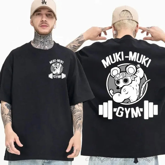 Men's T-Shirt Muki- Muki Mice Gym Printed T-shirt Cotton Sports Leisure Short Sleeve Fitness Workout Shirt Oversized Tee Shirt Men Clothes