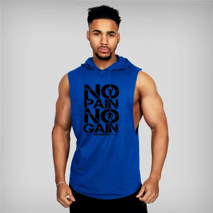 Mens Bodybuilding "no pain, no gain" Sleeveless Hooded Shirts Summer Breathable Loose Cotton Hip Hop Tank Tops Gym Workout Fitness Muscle Hoodie